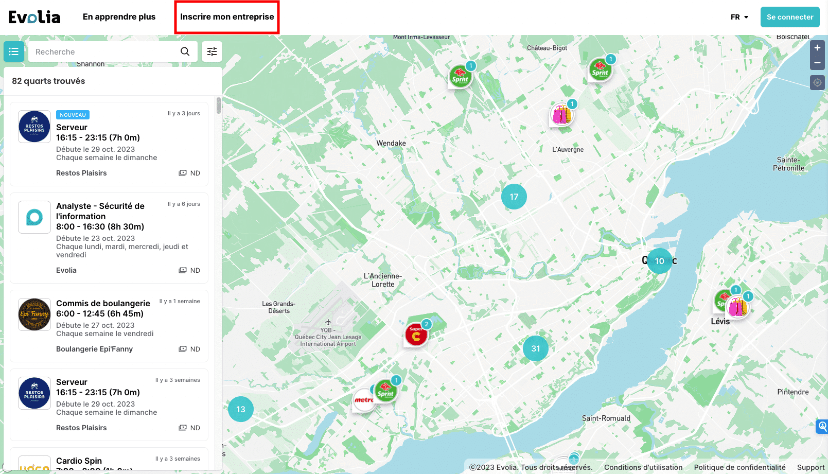 Exemple de la Carte des quarts Evolia indiquant comment inscrire gratuitement son entreprise