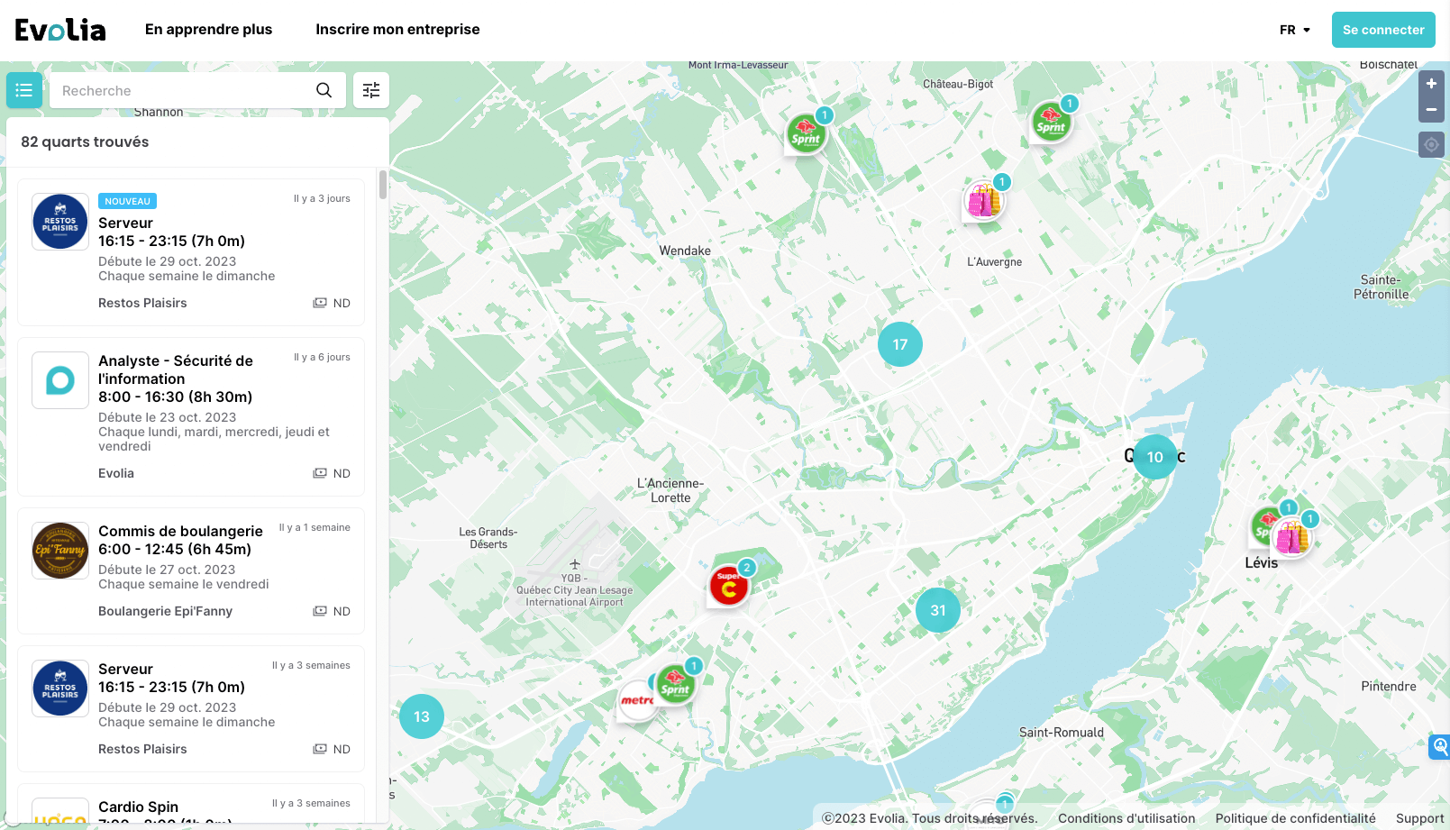 Exemple de la Carte des quarts Evolia affichant les quarts disponibles dans la région de Québec
