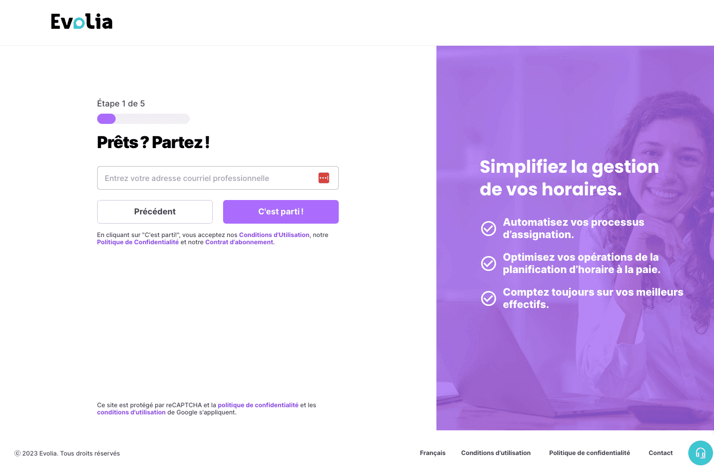 Evolia page inscription pour entreprise