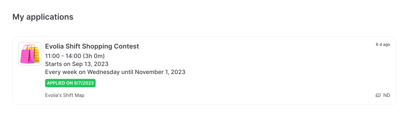 Shift Application Status on Evolia