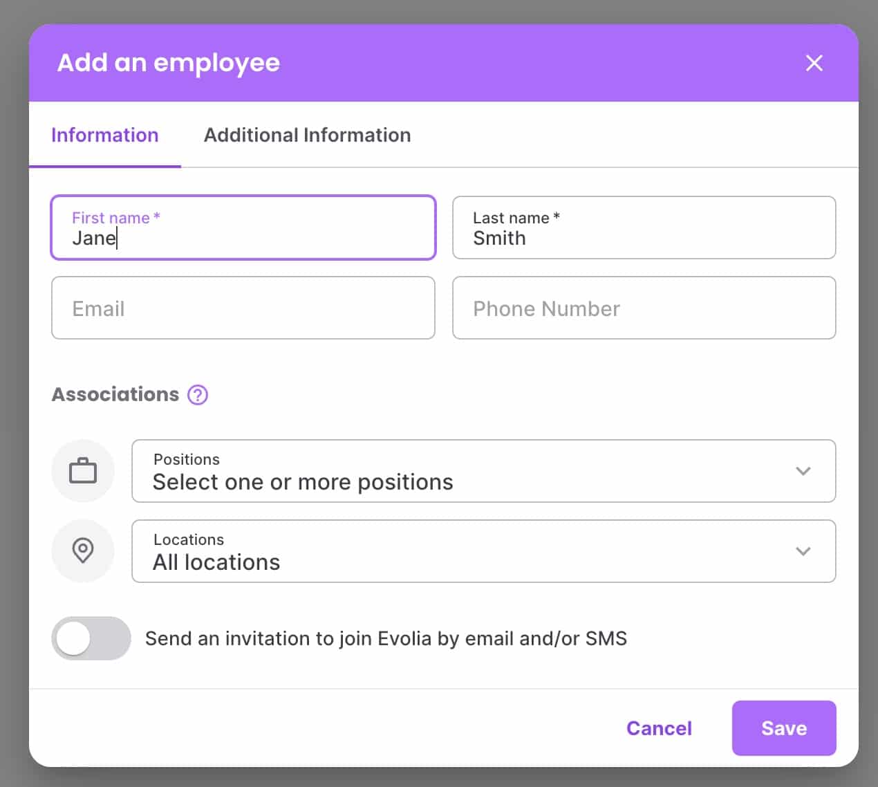 Adding in an Employee in Evolia