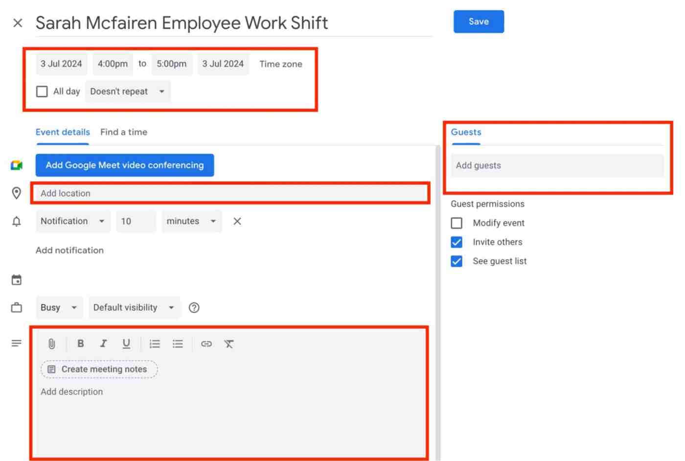 Adding employees to Google Calendar and setting up the shift