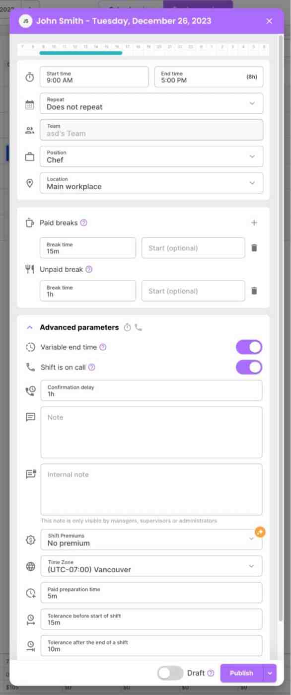 Scheduling employee in Evolca - proper scheduling tool